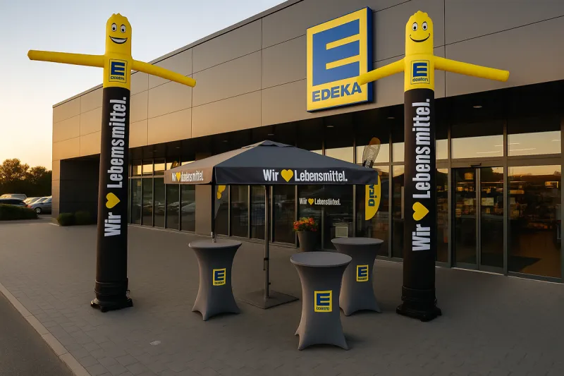 Zwei Skydancer mit Gebläse als Blickfang vor einer EDEKA-Filiale