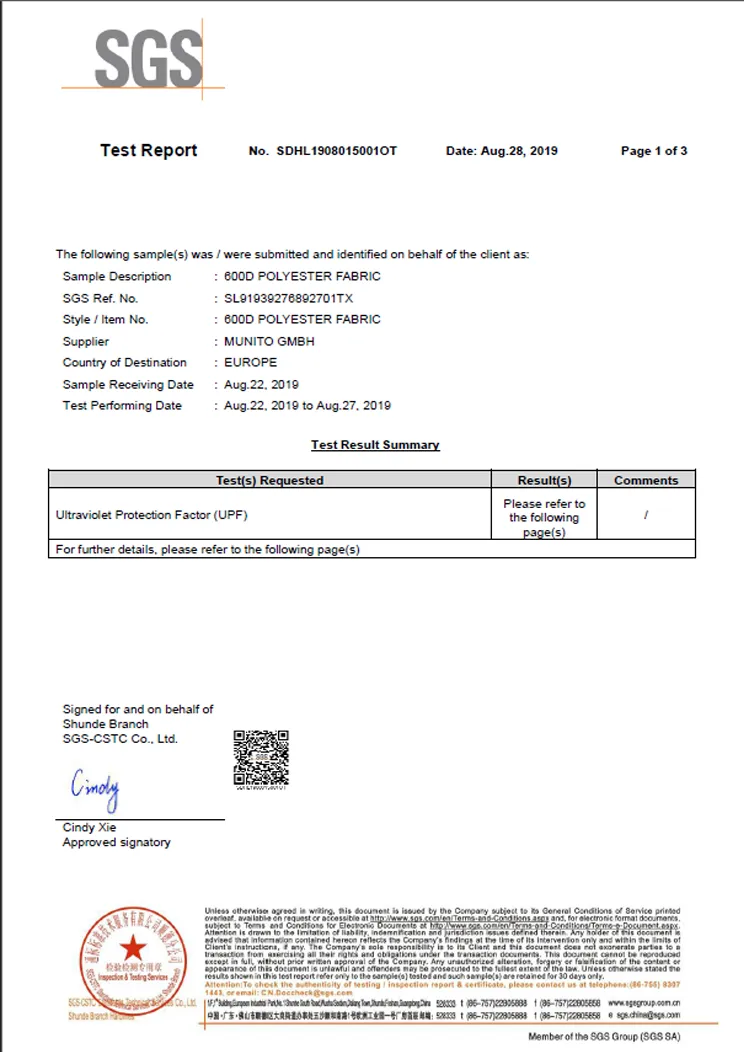 SGS-Prüfbericht für 600D Polyester zum Ultraviolet Protection Factor (UPF)