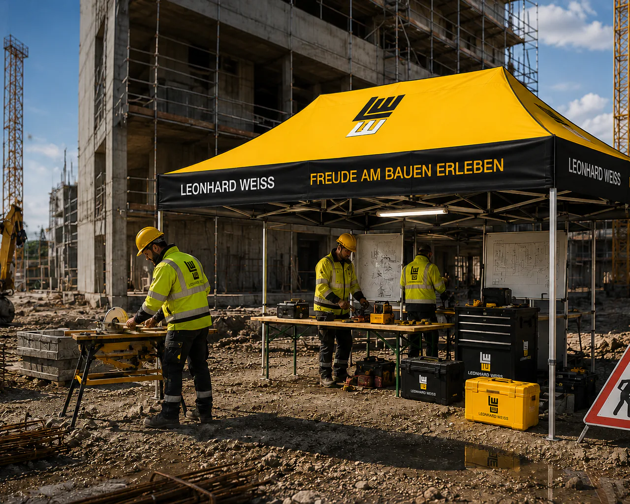 Arbeitszelt mit Seitenwänden, Fensterflächen und geschützter Fläche für Baustelle und Werkstatt