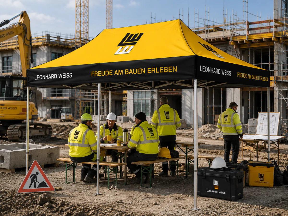 Faltzelt als überdachter Pausen- und Besprechungsplatz auf einer Baustelle