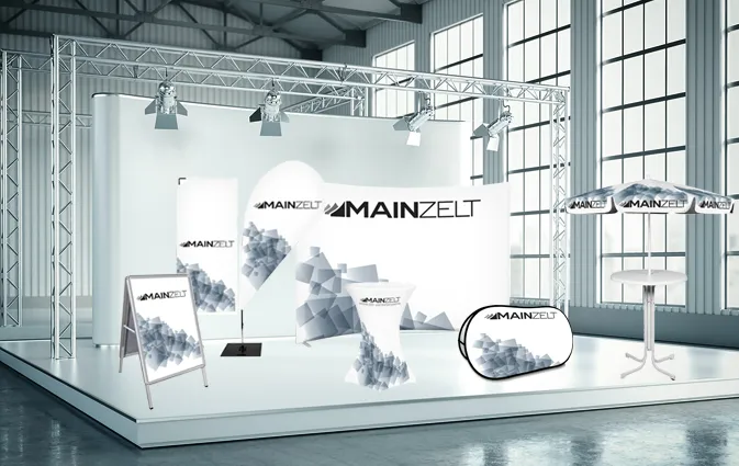 Textildisplay mit Aluminium-Gestell von MAIN-ZELT im Messeaufbau