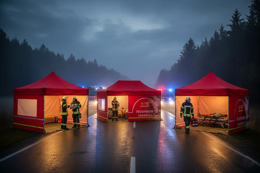 Beleuchtete rote Faltpavillons mit Feuerwehr-Kennzeichnung bei Nacht und Regen