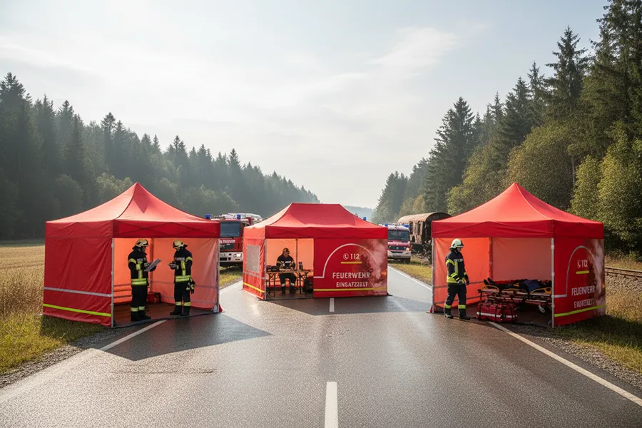 Drei rote Faltpavillons mit Feuerwehr-Kennzeichnung an einer Landstraße bei Tag