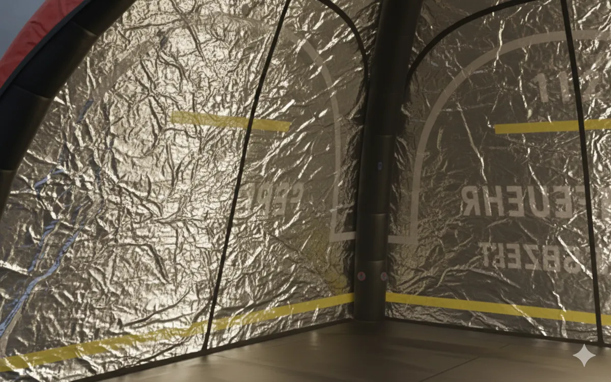 Innenansicht eines aufblasbaren Einsatzzeltes mit isolierender Thermo-Folie zur Reduzierung von Kälte und Hitze