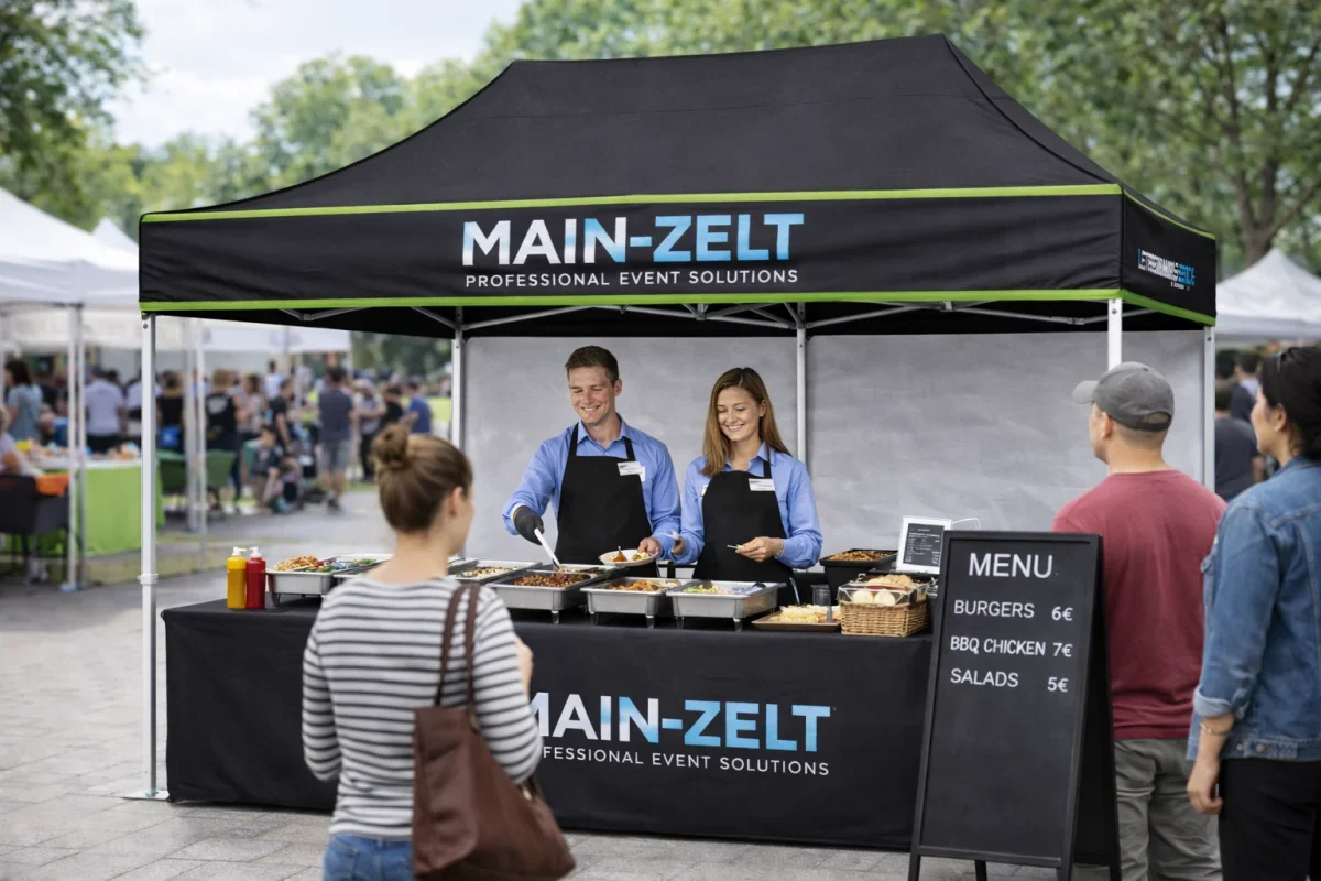 Schwarzes Eventzelt mit Logo auf dem Volant und bedruckter Thekenfront bei einem Catering im Park