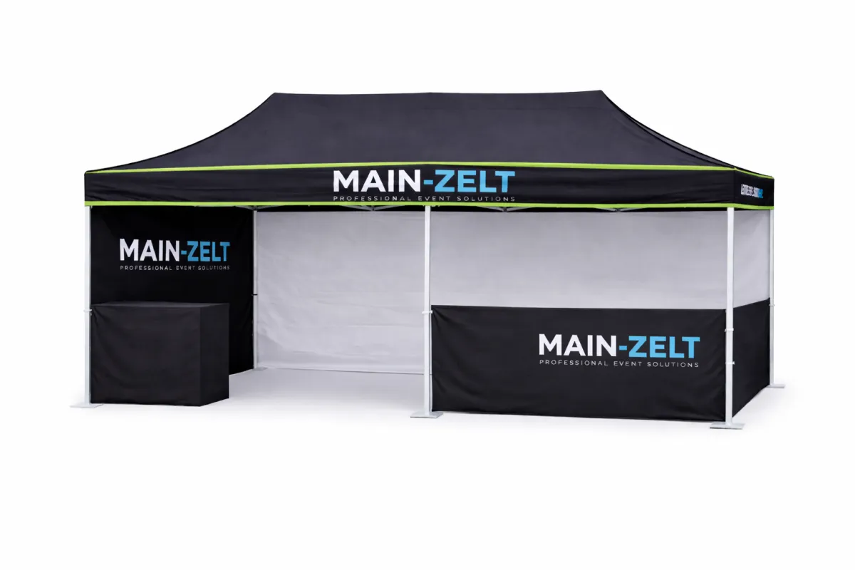 Faltzelt 3 × 6 m mit Logodruck auf Volant, Seitenwand, Halbwand und Theke