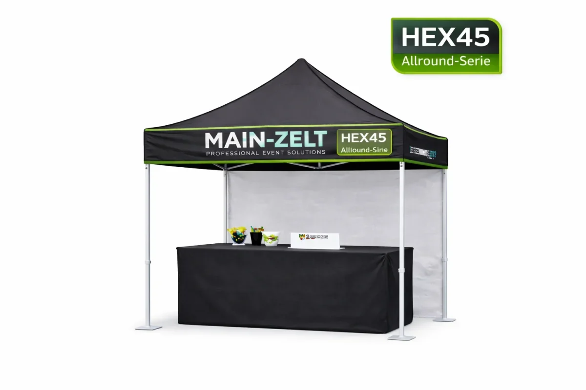 Hex45 Faltpavillon mit Dach, Volant, Querstreben, Standbein, Höhenverstellung und Standfuß