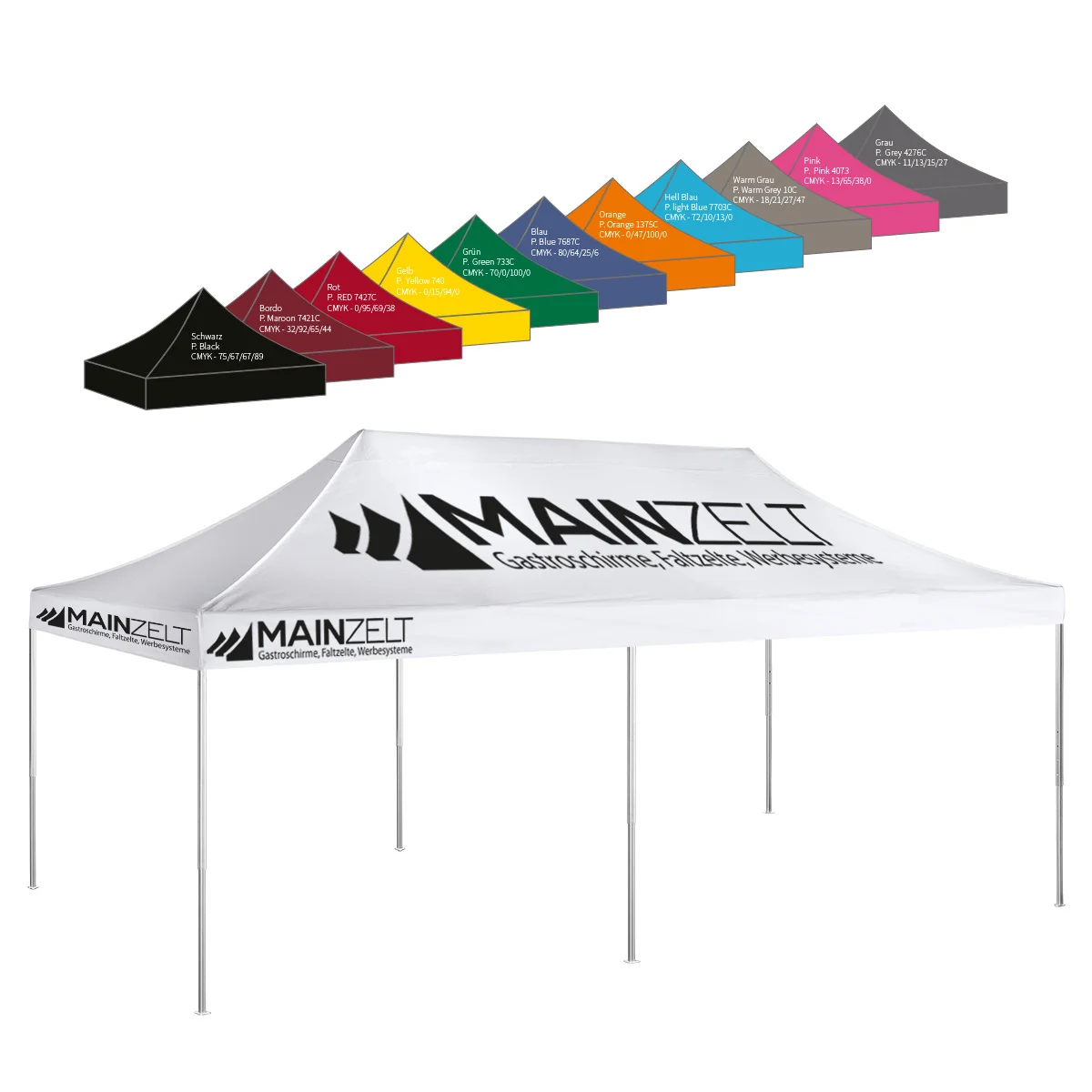Bedrucktes Marktzelt 4 × 8 m mit Logo auf Dach und Volant