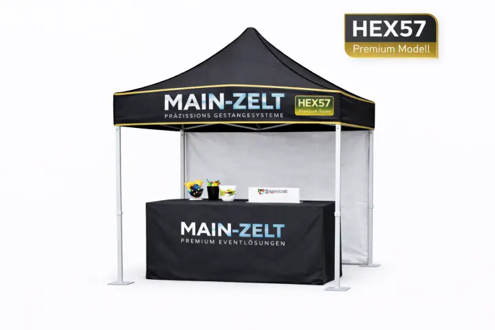Aufgebautes, bedrucktes Premium-Hex57-Faltzelt im Einsatz