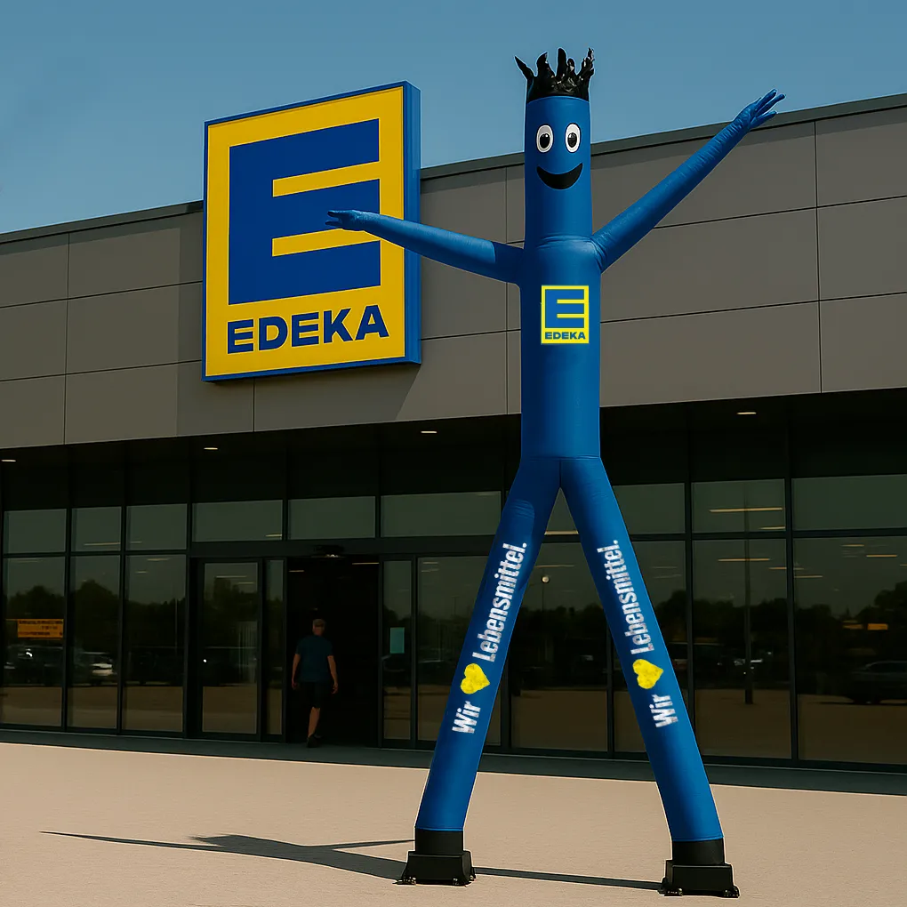Zweibeiniger EDEKA-Skydancer in Blau vor der Filiale