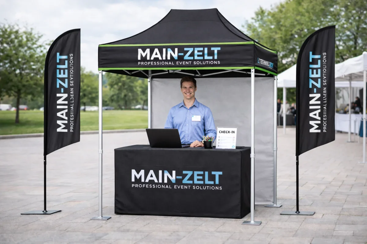 Schwarzes Promotionzelt mit Logo auf Volant und Theke, daneben zwei Beachflags, als Check-in-Stand