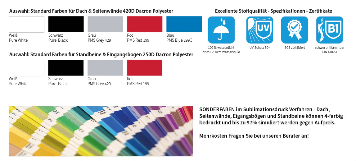 Farbkarte MAIN-ZELT für aufblasbare Zelte: Standardfarben für Dach und Seitenwände aus 420D Dacron, für Standbeine und Eingangsbogen aus 250D Dacron, dazu Stoffqualität und Sonderfarben