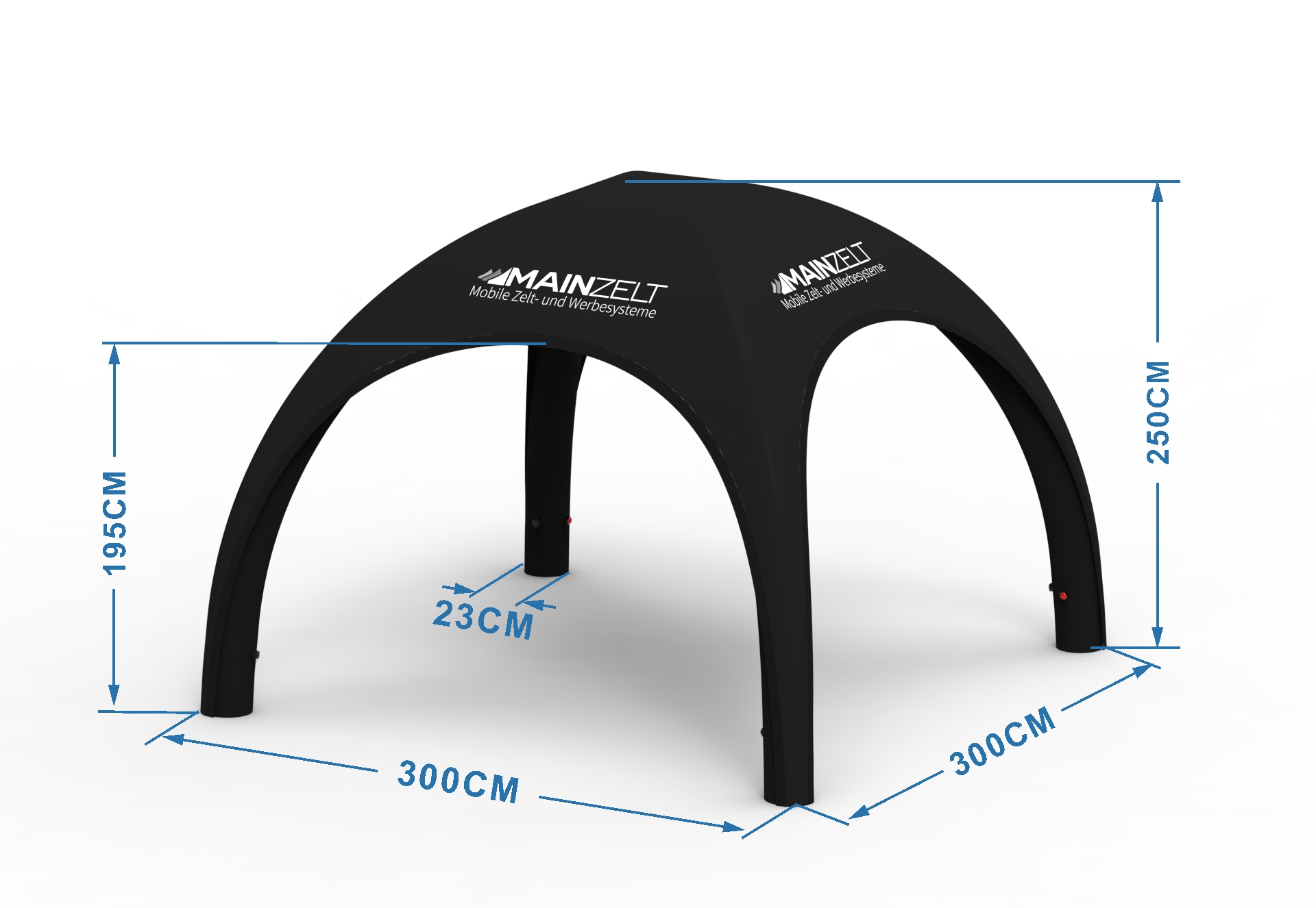Technische Zeichnung: Bemaßung aufblasbares Dome-Zelt 3x3 m