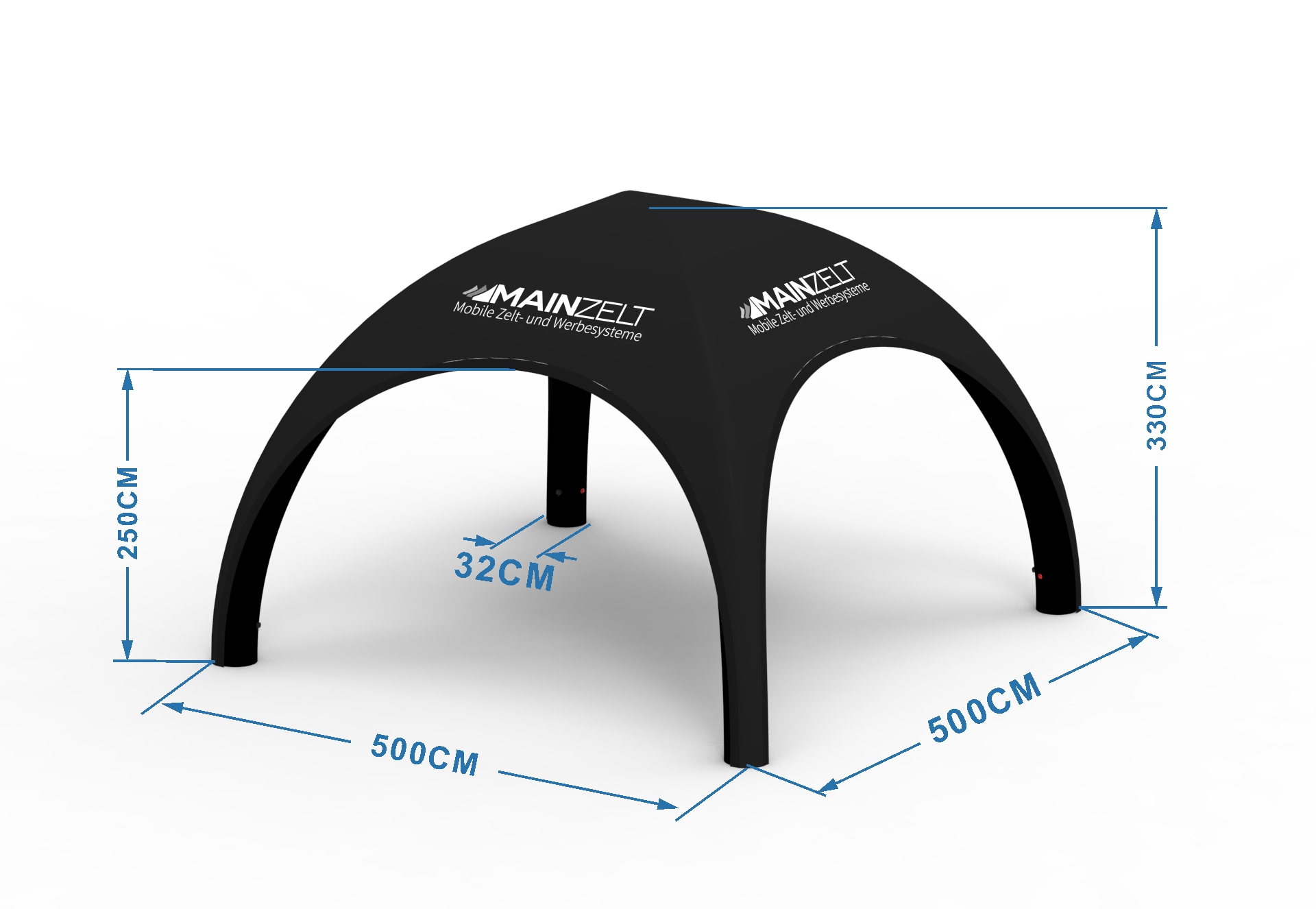 Technische Zeichnung: Bemaßung aufblasbares Dome-Zelt 5x5 m